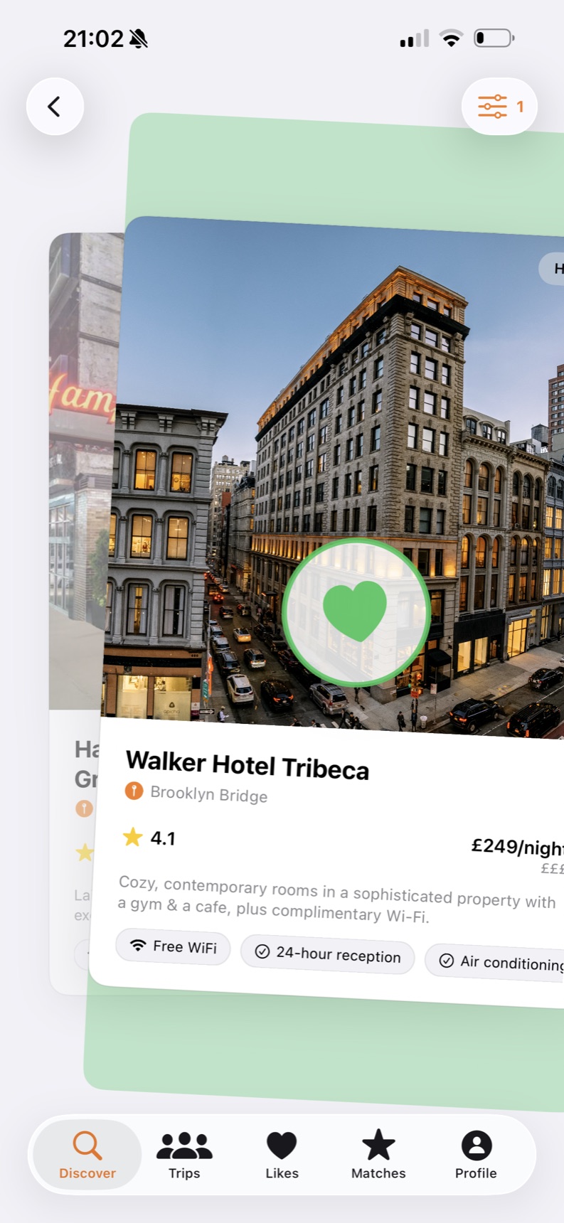 OurStay swipe screen with a liked hotel