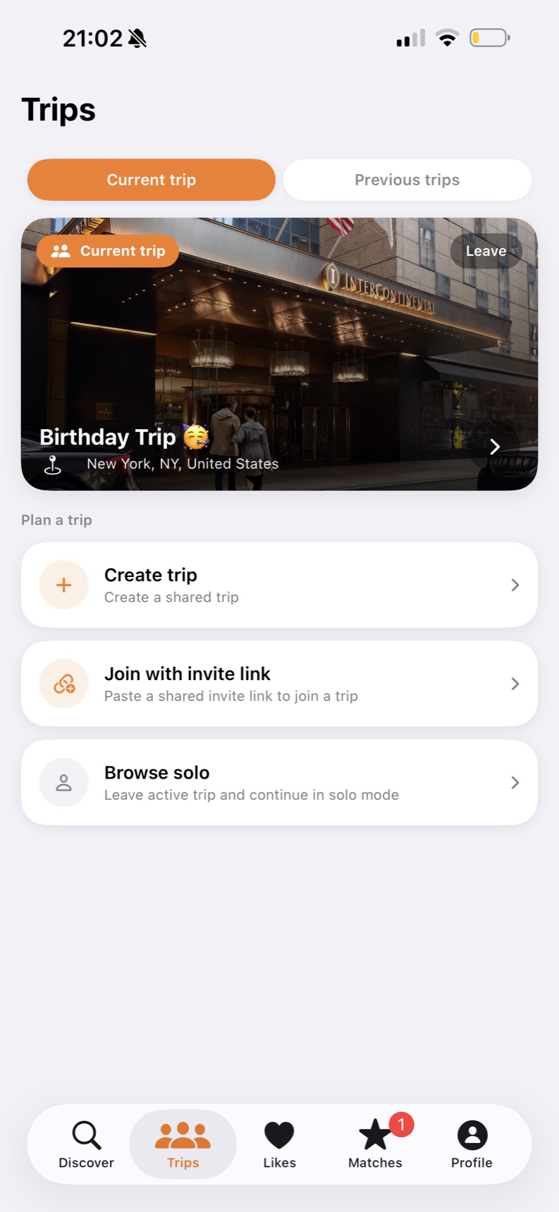 OurStay create-a-trip screen